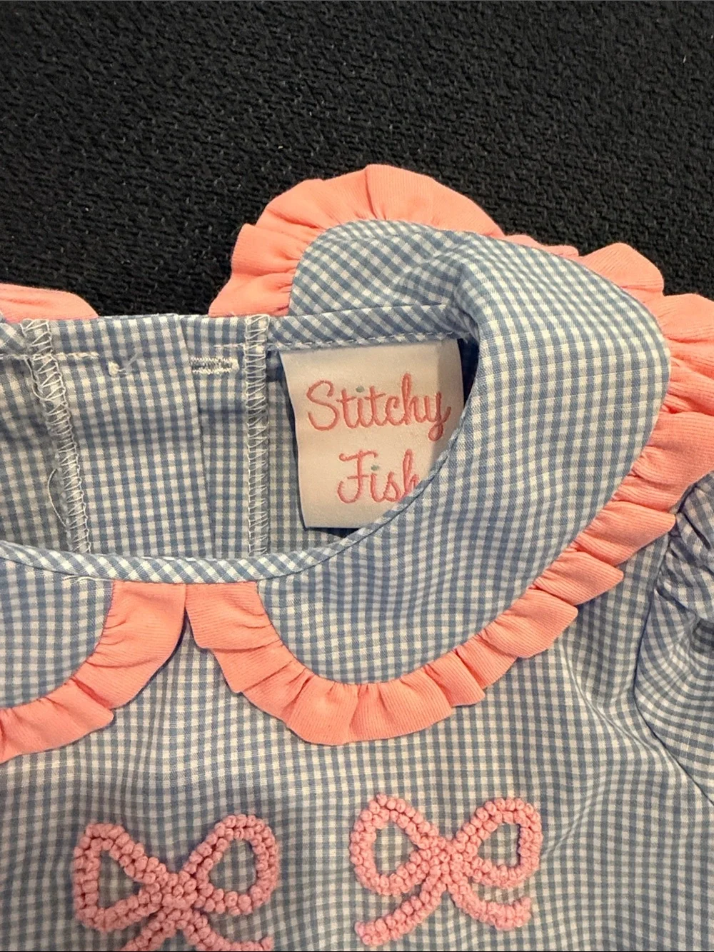 Stitchy Fish Blue Gingham Baby Bubble Romper with Pink Bow detail